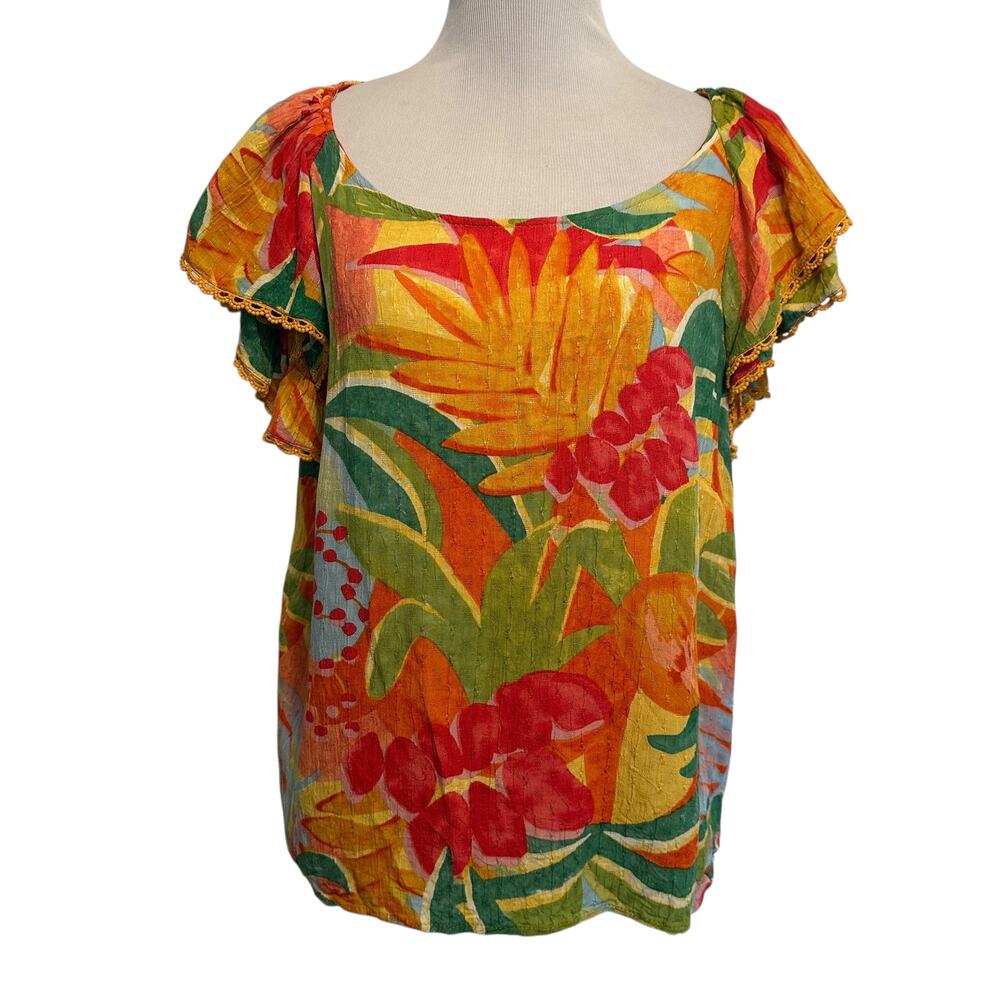 Rachel Rachel Roy Colorful Tropical Top Womens XL Tiered Flutter Sleeve Resort - Picture 2 of 9
